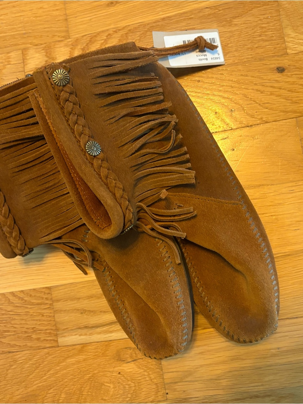 Minnetonka Chestnut Brown Fringe Moccasin Booties - Picture 2 of 4